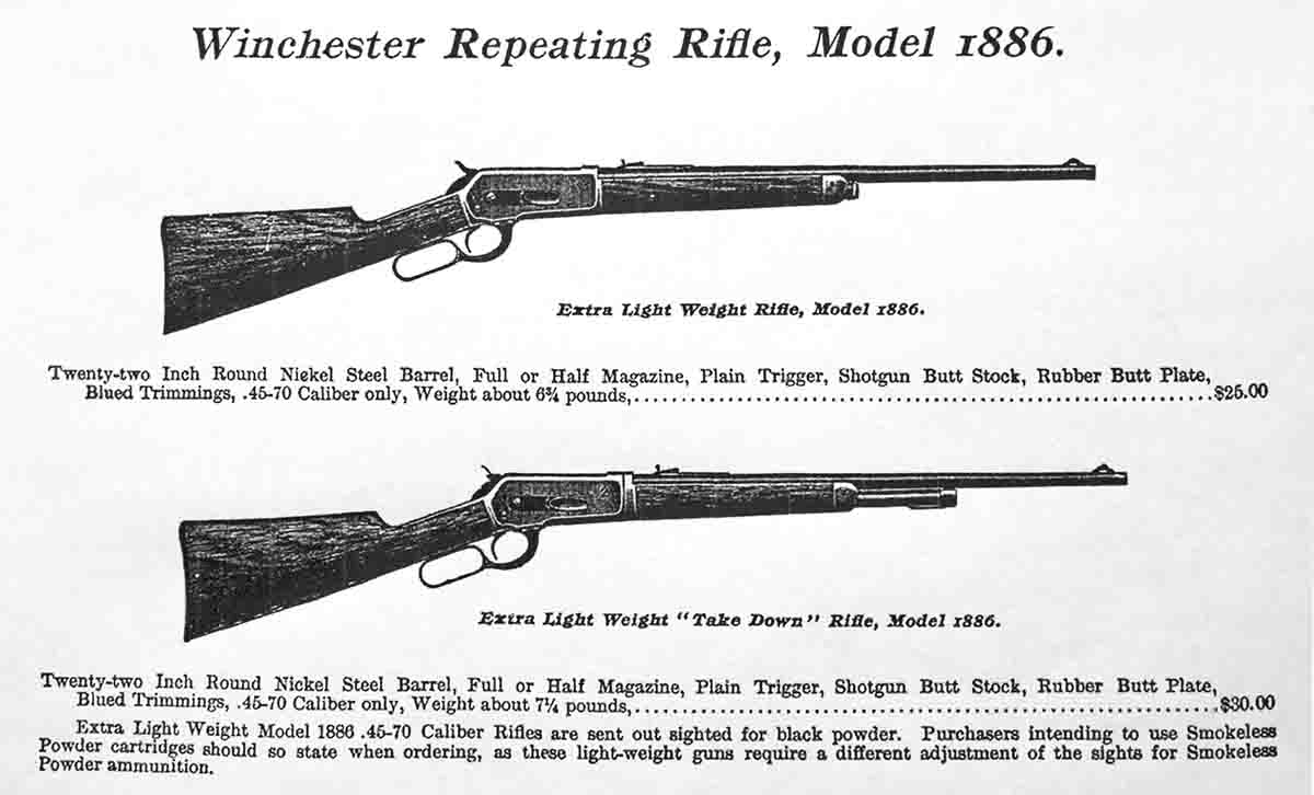This illustration was taken from a 1903 Winchester catalog, and it advertised the Extra Light Weight “Take Down” Rifle – similar to the author’s rifle. Notice the price!